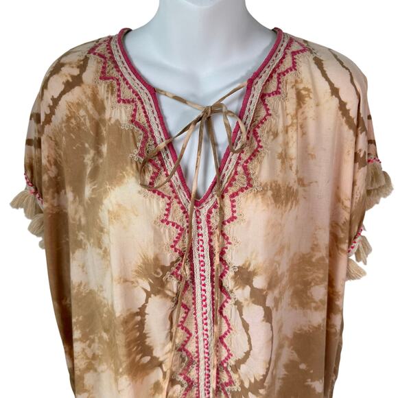 Tie Dye Kaftan Tunic Small Pink Tan Boho Chic Embroidery Tassels Festival Hippie - Picture 6 of 16